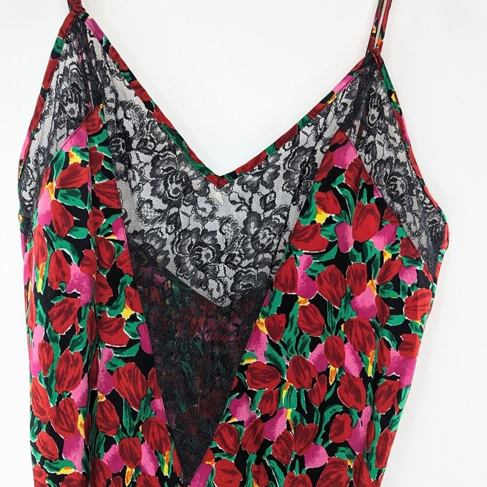 Vintage Victoria’s Secret Tulip Print Lace Trim Slip Dress - Red Pink Black Lrg - Picture 4 of 6